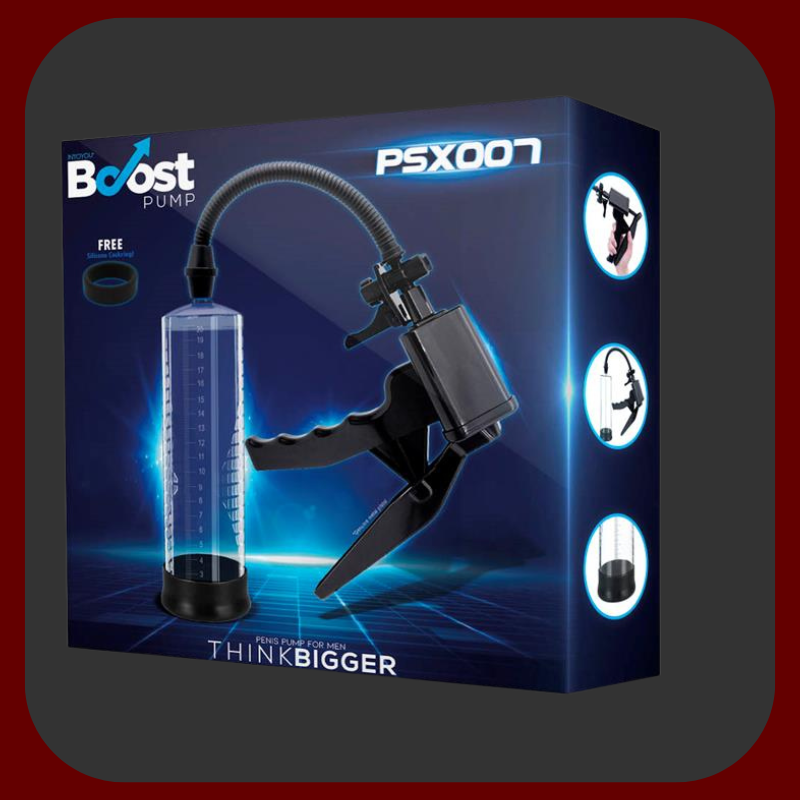 Ruční vakuová pumpa na penis PSX 007 v průhledném provedení s černým silikonovým kroužkem.