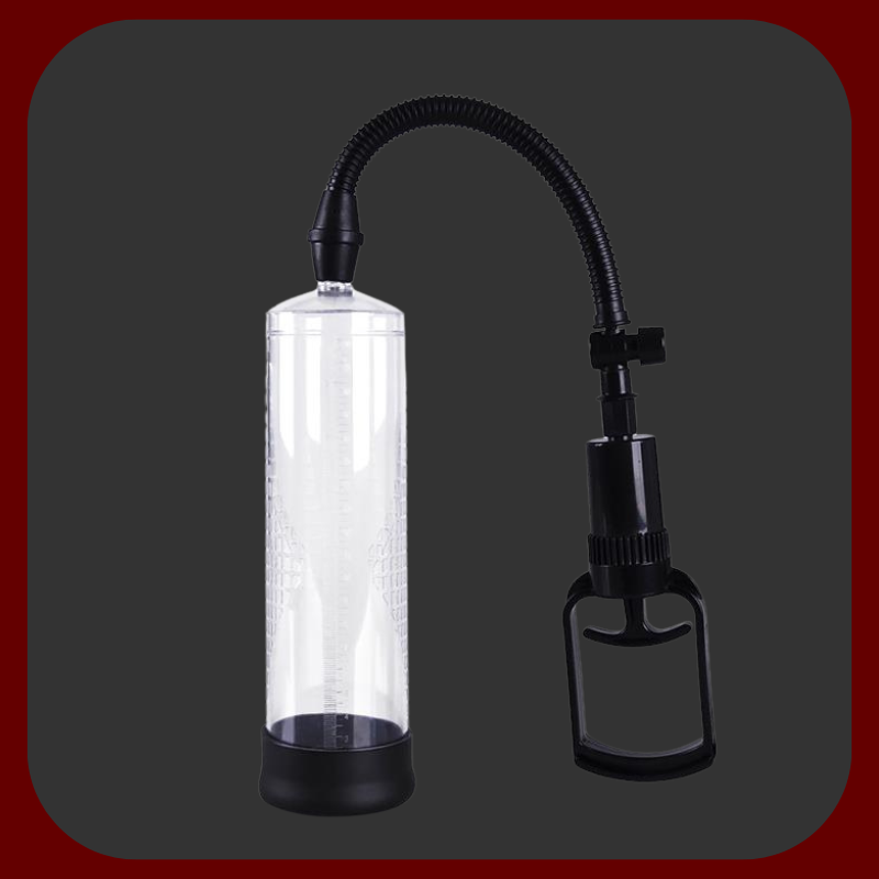 Ruční pumpa na penis PSX02 s ergonomickou rukojetí, černým silikonovým erekčním kroužkem, PVC hadičkou, průhledná.