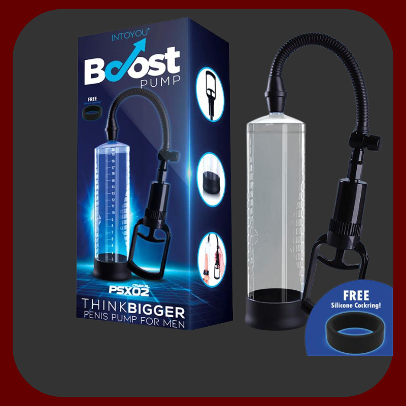 Ruční pumpa na penis PSX02 s ergonomickou rukojetí, černým silikonovým erekčním kroužkem, PVC hadičkou, průhledná.