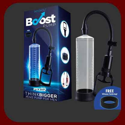 Ruční pumpa na penis PSX02 s ergonomickou rukojetí, černým silikonovým erekčním kroužkem, PVC hadičkou, průhledná.