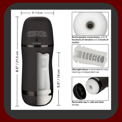 Černý vibrační masturbátor Pulsar Stroker se sacím efektem a USB dobíjením pro intenzivní mužské potěšení – EROSIANA.