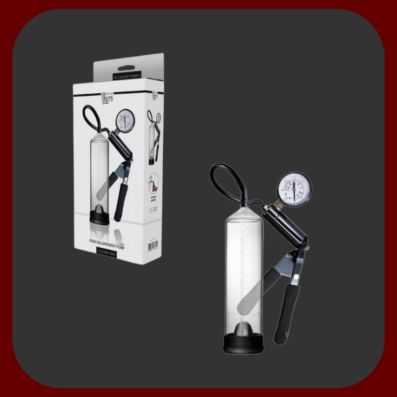Vakuová pumpa na penis s indikátorem tlaku, průhledným válcem a pistolovou rukojetí, 23 x 7 cm.