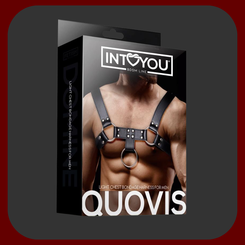 Černý veganský BDSM postroj pro muže s nastavitelnými přezkami a pevnými ocelovými kroužky pro připnutí vodítek nebo řetězů.