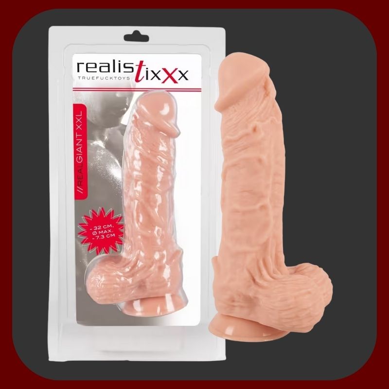 Gigantické realistické dildo Giant Skin 32 cm z měkkého sametového silikonu, tělové barvy, s pevnou přísavkou pro hands-free použití.