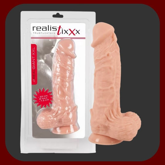 Gigantické realistické dildo Giant Skin 32 cm z měkkého sametového silikonu, tělové barvy, s pevnou přísavkou pro hands-free použití.