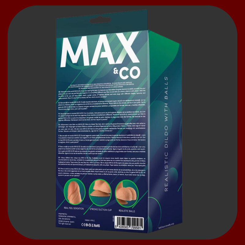 Tělové realistické dildo MAX s žilnatým povrchem, věrnými varlaty a výkonnou přísavkou, 19 cm dlouhé, průměr 4,3 cm, z pružného silikonu.