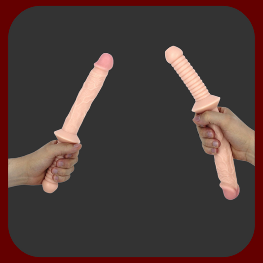 Realistické dildo ve tvaru obušku s rukojetí, 31,5 cm dlouhé, flexibilní PVC, bezpečné pro tělo.