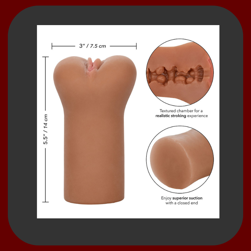 Ultra realistický masturbátor Letuška ve tvaru vagíny, vyrobený z měkké hnědé kůže, s realistickými pysky a elastickým materiálem.