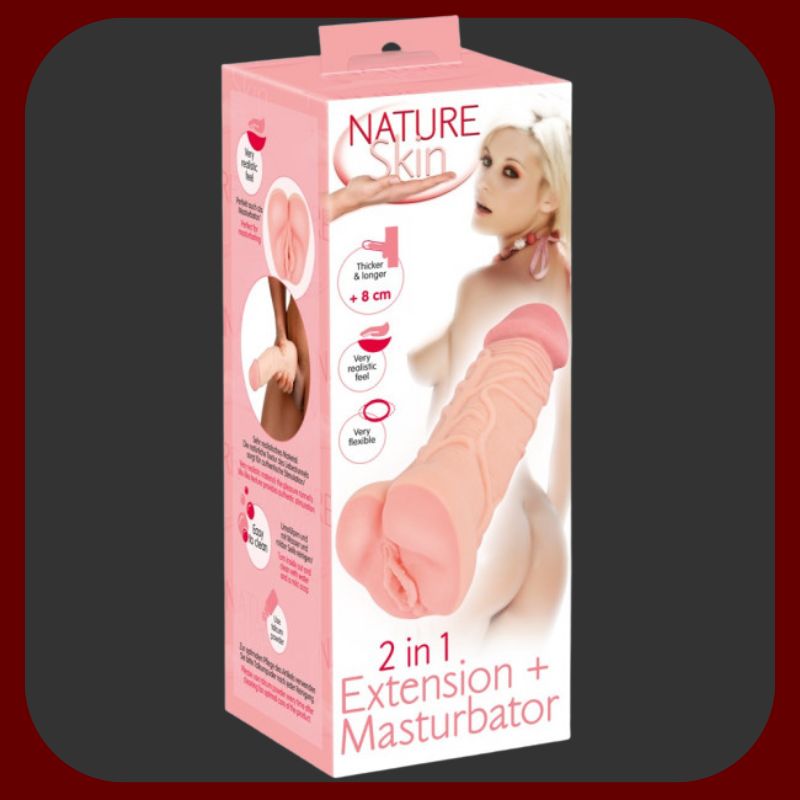 Realistický prodlužovací návlek na penis z jemného TPE materiálu s integrovaným masturbátorem ve tvaru anusu, poskytující 8 cm prodloužení a intenzivní stimulaci.