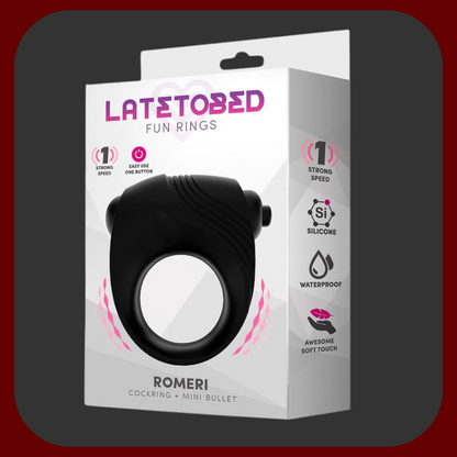 Romeri – erekční kroužek s vibrační kuličkou, vyrobený z čistého černého silikonu pro intenzivnější rozkoš a silnější erekci.