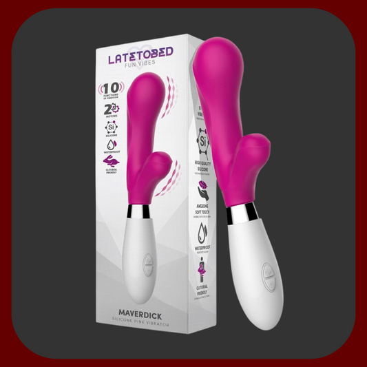 Ružový silikónový vibrátor s králičím výbežkom pre dvojitú stimuláciu a ergonomickou rukoväťou, 21,6 cm dlhý, 3,4 cm široký.