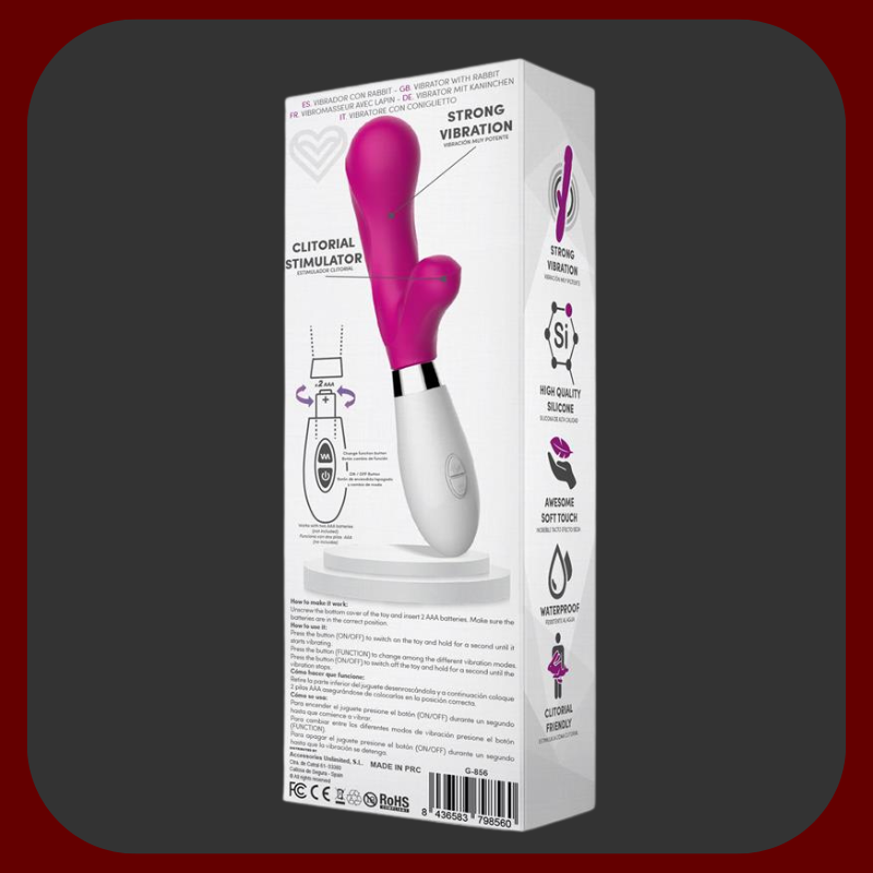 Ružový silikónový vibrátor s králičím výbežkom pre dvojitú stimuláciu a ergonomickou rukoväťou, 21,6 cm dlhý, 3,4 cm široký.