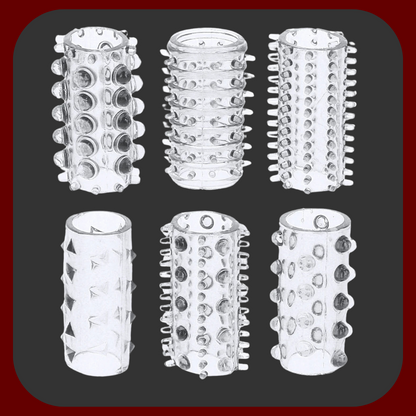 Sada 6 průhledných stimulačních návleků na penis z měkkého, elastického silikonu pro zvýšenou rozkoš a delší výdrž.