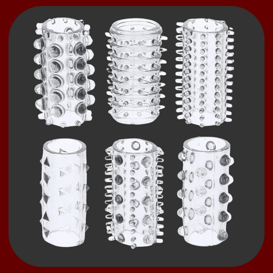 Sada 6 průhledných stimulačních návleků na penis z měkkého, elastického silikonu pro zvýšenou rozkoš a delší výdrž.