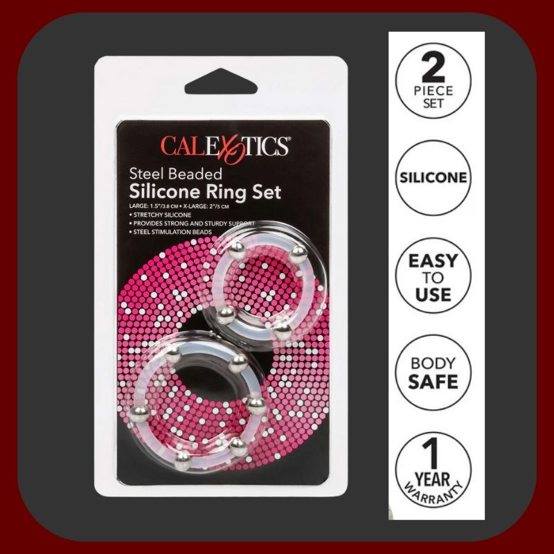 Dva průhledné silikonové erekční kroužky s nerezovými kuličkami od CalExotics – pro silnější erekci a lepší stimulaci.