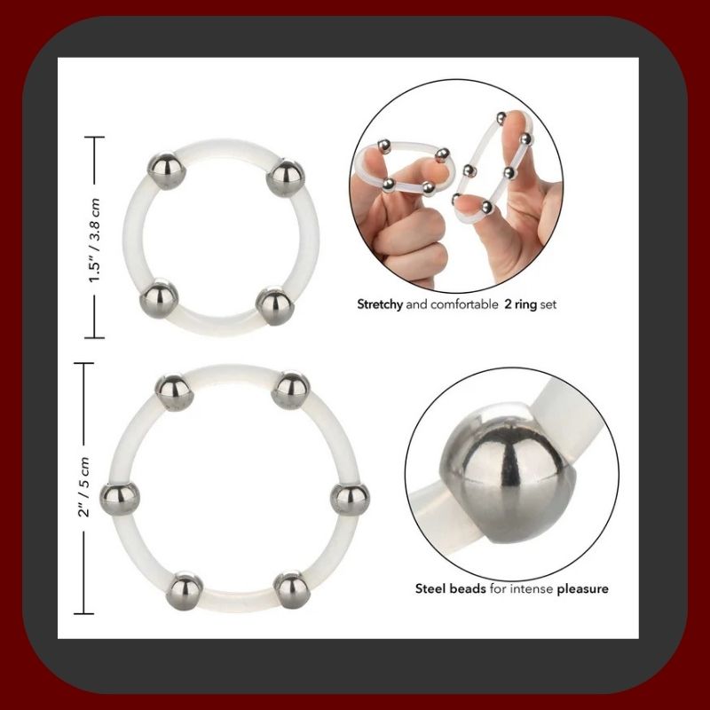 Dva průhledné silikonové erekční kroužky s nerezovými kuličkami od CalExotics – pro silnější erekci a lepší stimulaci.