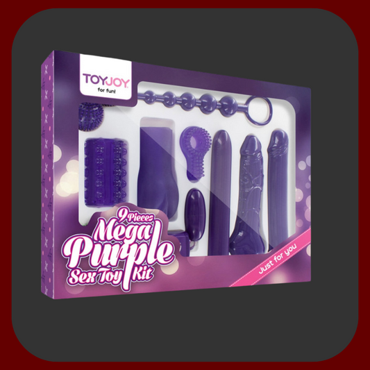 Sada 9 erotických hraček Mega Purple od ToyJoy v luxusní fialové barvě. Obsahuje vibrátor, vibrační vajíčko, Venušiny kuličky, anální řetěz, vaginální masturbátor a další pomůcky pro páry.