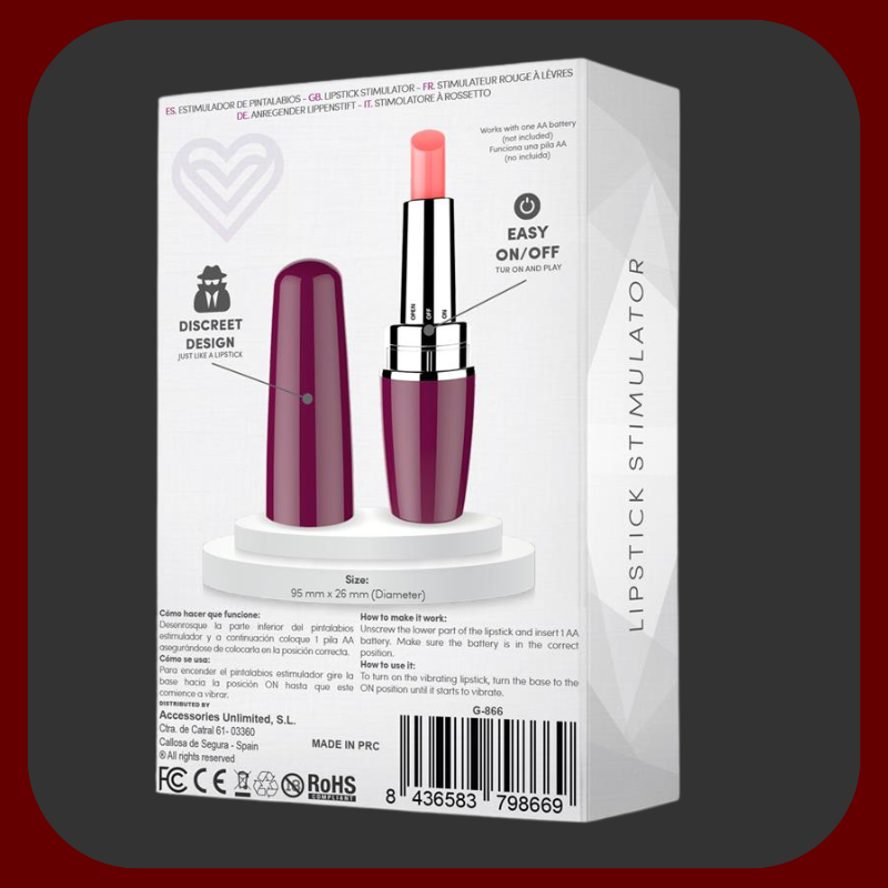 Diskrétní vibrátor Secret Kiss ve tvaru rtěnky, ve fialové a černé barvě, ideální pro klitorální stimulaci, délka 9,5 cm, průměr 2,6 cm.