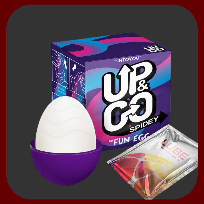 Fialovo-průhledné silikonové masturbační vajíčko Spidey Egg s reliéfní vnitřní texturou a praktickým diskrétním pouzdrem ve tvaru vajíčka.