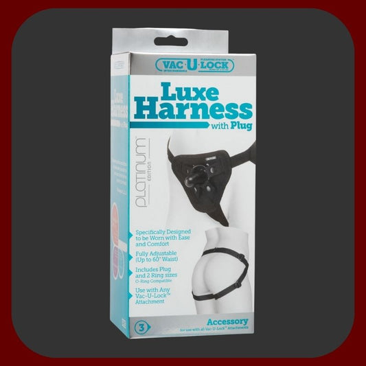 Černý postroj Strap-On Vac-U-Lock Deluxe s nastavitelným páskem do 150 cm a otevřeným rozkrokem