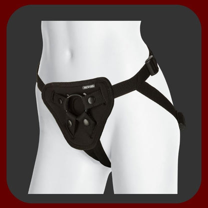 Černý postroj Strap-On Vac-U-Lock Deluxe s nastavitelným páskem do 150 cm a otevřeným rozkrokem