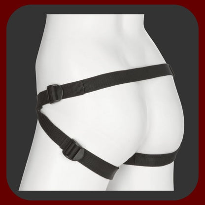 Černý postroj Strap-On Vac-U-Lock Deluxe s nastavitelným páskem do 150 cm a otevřeným rozkrokem