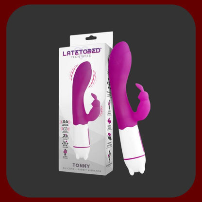 Elegantní fialový králičí vibrátor Tonny z měkkého silikonu s 36 vibračními režimy, určený pro dvojitou stimulaci klitorisu a bodu G.