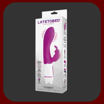 Elegantní fialový králičí vibrátor Tonny z měkkého silikonu s 36 vibračními režimy, určený pro dvojitou stimulaci klitorisu a bodu G.