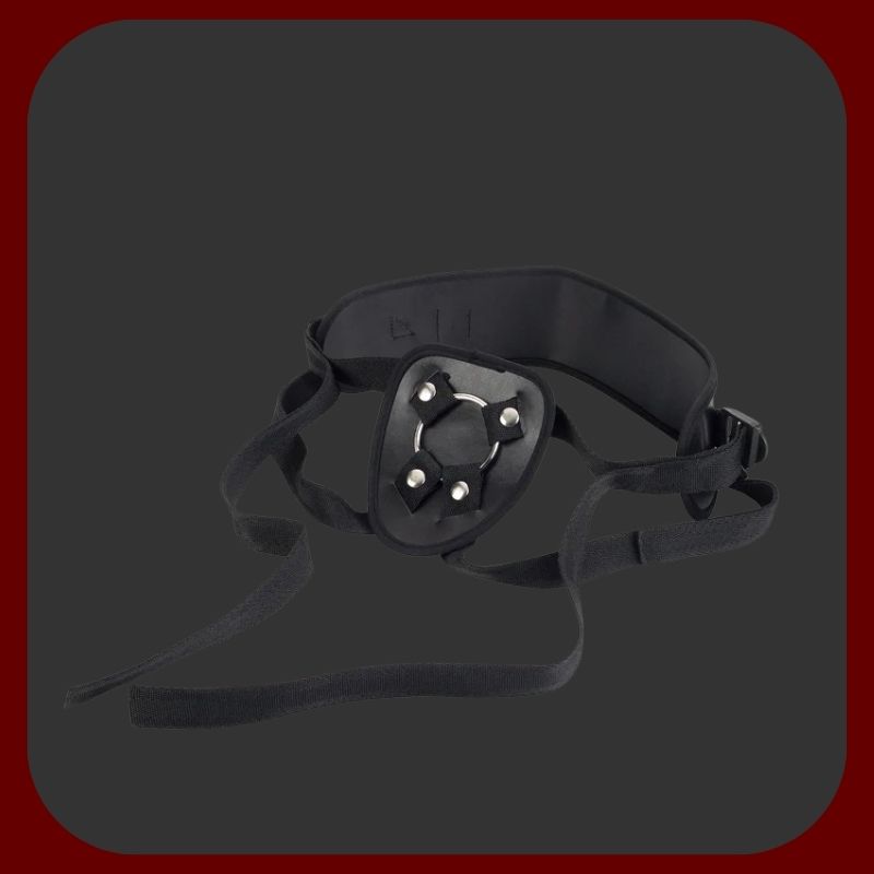 Černý Strap-On postroj OneSize+ s nastavitelným pasem do 175 cm a vyměnitelným ocelovým kroužkem 4 cm, kompatibilní s většinou dild – EROSIANA.