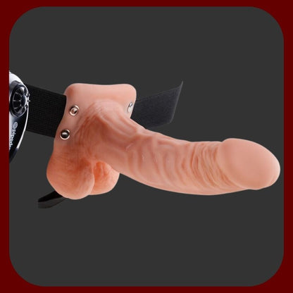 Vibrační dutý unisex postroj s realistickým penisem a varlaty 19 × 4 cm – luxusní stimulace pro páry, pohodlné elastické uchycení – EROSIANA