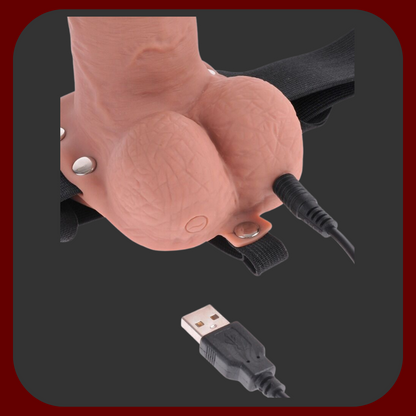 Vibrační dutý Strap-On 7 s postrojem a varlaty pro muže, 10 různých vibračních režimů, elastický postroj, napájení přes USB.