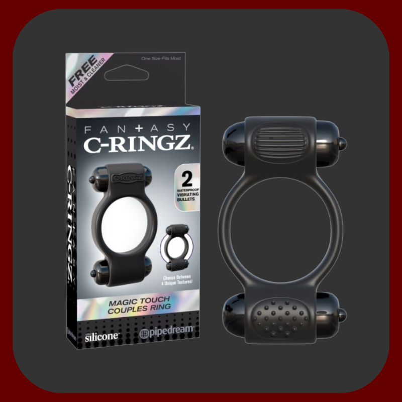 Vibrační erekční kroužek Magic Touch se dvěma vibračními střelami, ideální pro páry, z pružného silikonu s nastavitelnými vibracemi a vodotěsným designem.