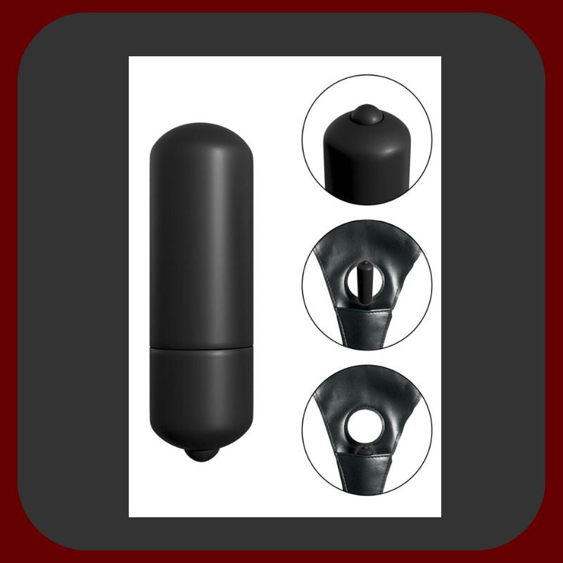 Černý a fialový vibrační Strap-On pro začátečníky s pružnými kalhotkami a černou maskou, délka 13 cm, průměr až 2,8 cm, z měkkého Jelly materiálu.