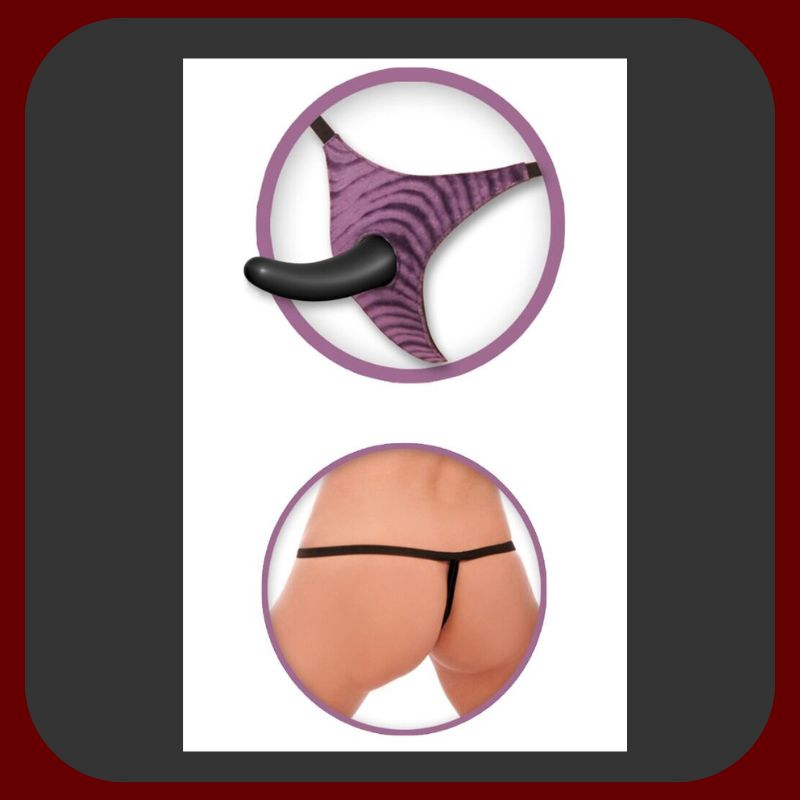 Černý a fialový vibrační Strap-On pro začátečníky s pružnými kalhotkami a černou maskou, délka 13 cm, průměr až 2,8 cm, z měkkého Jelly materiálu.