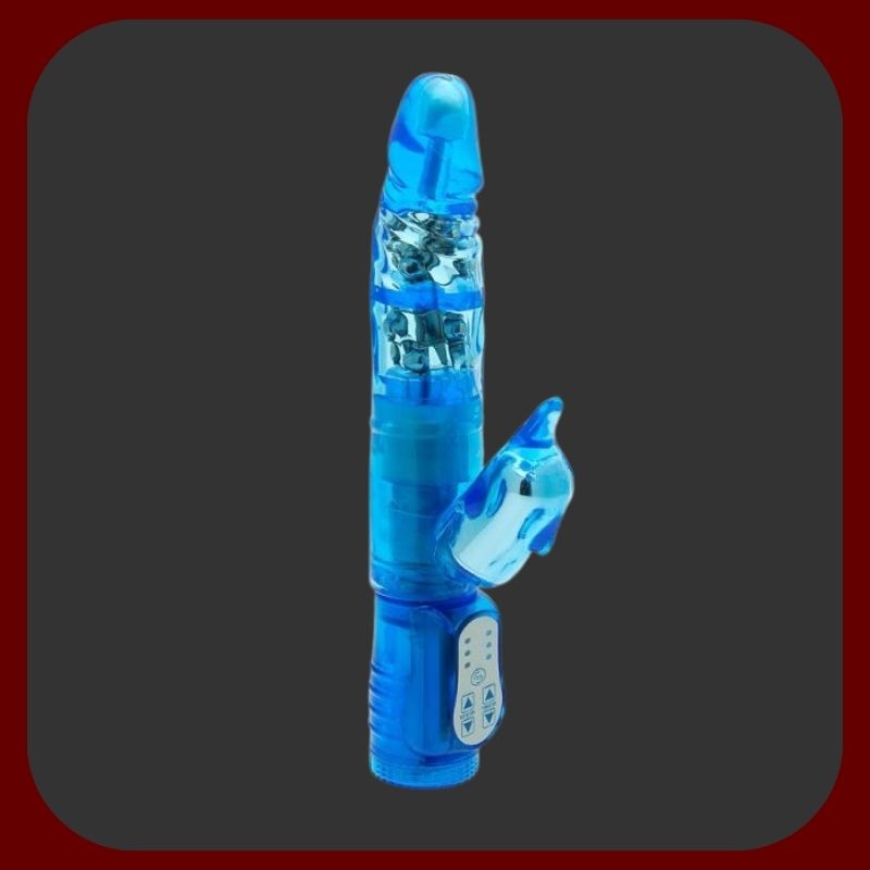 Modrý králičí vibrátor Twin Turbo Dolphin s delfínkem pro klitoriální stimulaci, 10 režimy vibrací a rotace, vyrobený z měkkého TPE – EROSIANA.